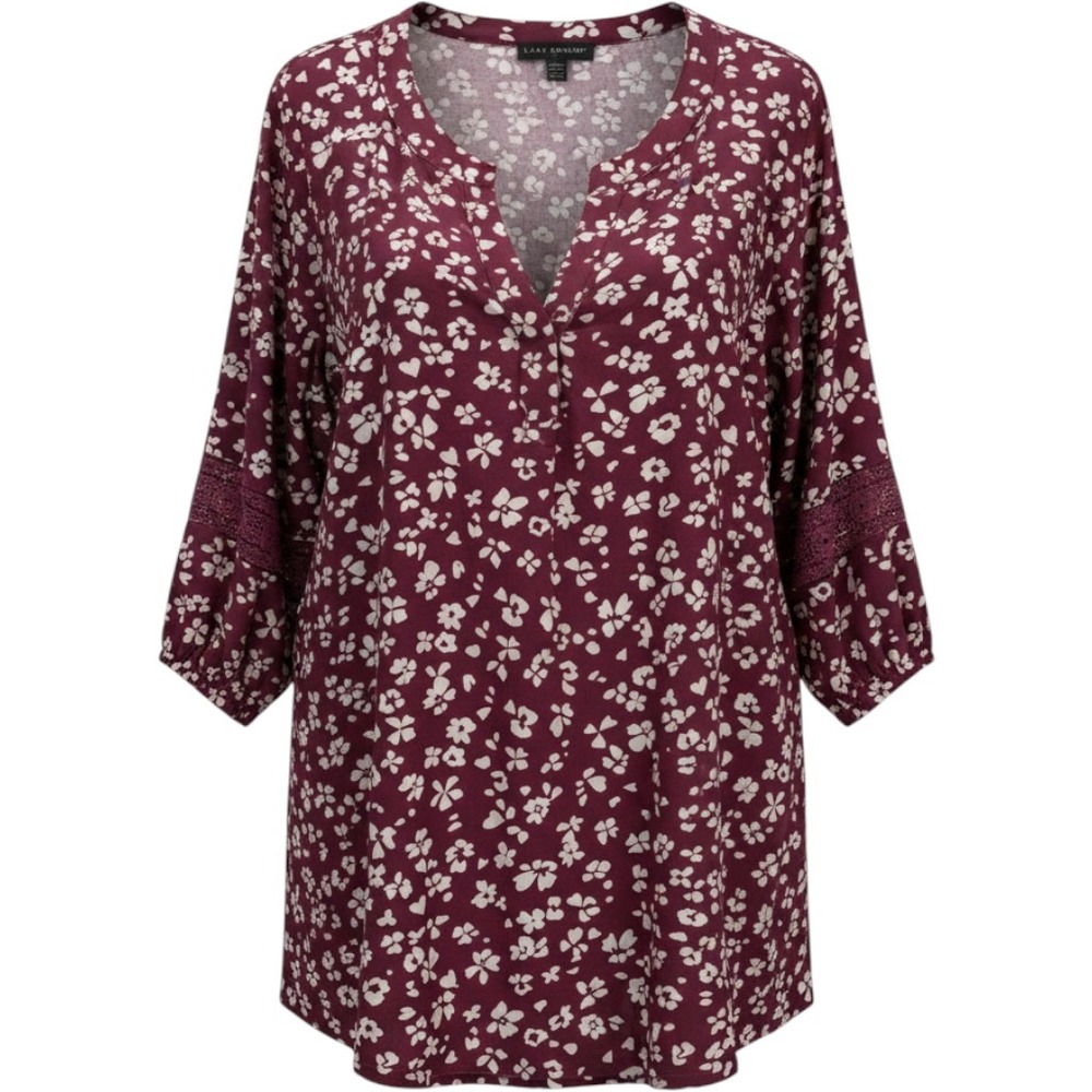 Lane Bryant Women 20 Burgundy Floral Crochet Lace Trim 3/4 Sleeve Rayon Tunic